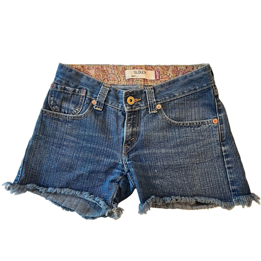 Levis 504 Slouch Denim Shorts Size 7 Blue Jean Micro Mini Y2K Low Rise Booty